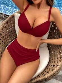 SHEIN Swim Solid Ruched Push Up High Waisted Bikini Set For Summer Beach - Burgundy - View 1