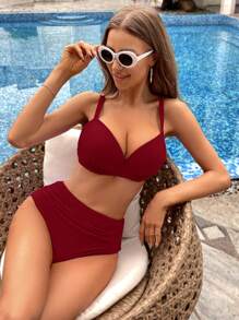SHEIN Swim Solid Ruched Push Up High Waisted Bikini Set For Summer Beach - Burgundy - View 4