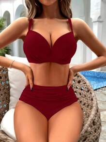 SHEIN Swim Solid Ruched Push Up High Waisted Bikini Set For Summer Beach - Burgundy - View 5