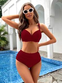 SHEIN Swim Solid Ruched Push Up High Waisted Bikini Set For Summer Beach - Burgundy - View 7