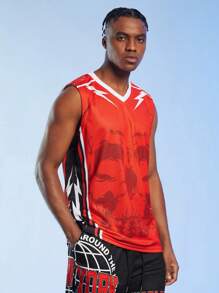 ROMWE MEN Guys Skull Graphic Striped Trim Sports Tank Top - Red - View 1
