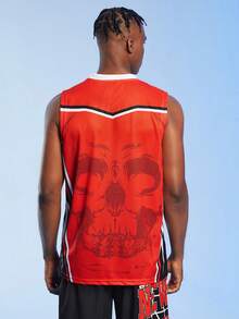 ROMWE MEN Guys Skull Graphic Striped Trim Sports Tank Top - Red - View 2