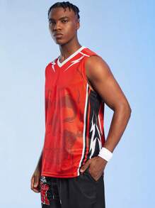 ROMWE MEN Guys Skull Graphic Striped Trim Sports Tank Top - Red - View 3