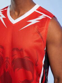 ROMWE MEN Guys Skull Graphic Striped Trim Sports Tank Top - Red - View 4