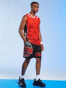 ROMWE MEN Guys Skull Graphic Striped Trim Sports Tank Top - Red - View 5