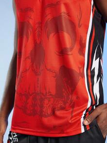 ROMWE MEN Guys Skull Graphic Striped Trim Sports Tank Top - Red - View 6