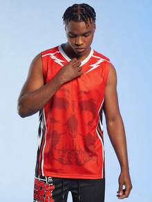 ROMWE MEN Guys Skull Graphic Striped Trim Sports Tank Top - Red - View 7