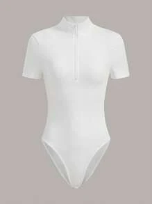 SHEIN EZwear Solid Half Zip Bodysuit - White - View 1
