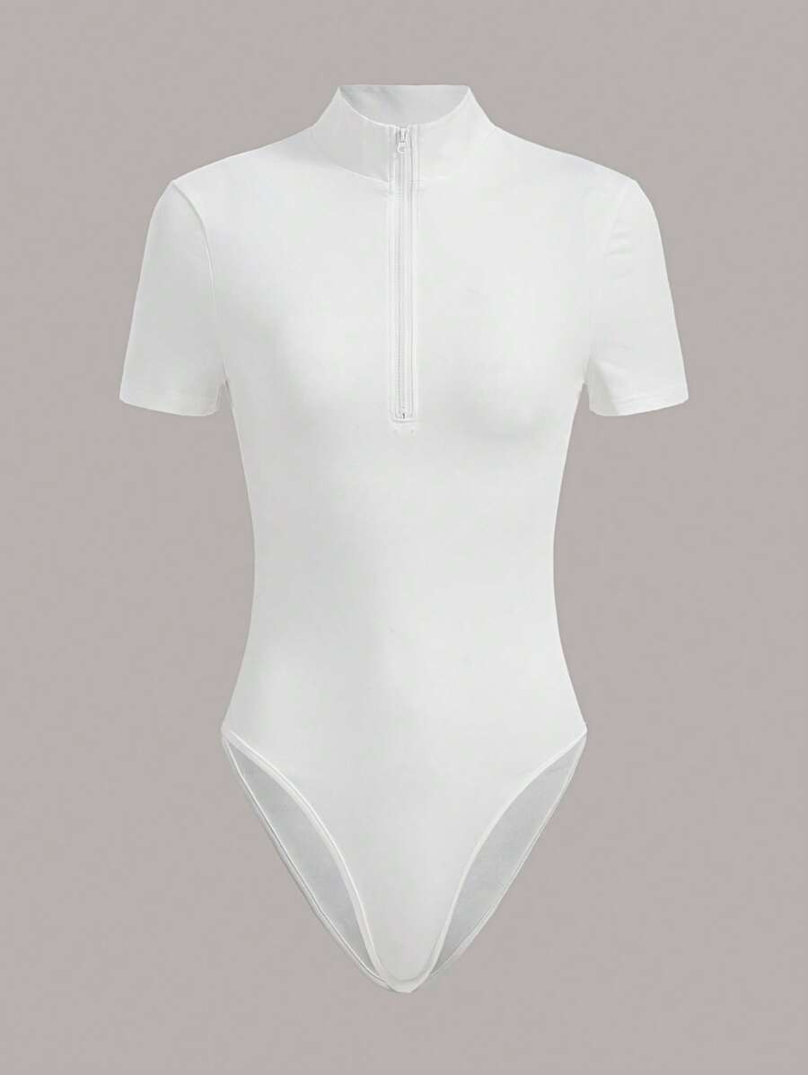 SHEIN EZwear Solid Half Zip Bodysuit - White - View 1