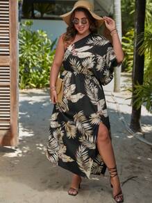 SHEIN VCAY 大碼熱帶圖案單肩蝙蝠袖高衩連衣裙 - 彩色 - 查看 8