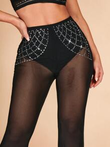 SHEIN BAE 亮片拼接網紗內褲內襯喇叭褲 - 黑色 - 查看 7