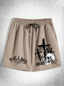 ROMWE MEN Goth 男士骷髅頭圖案腰部抽繩短褲 - 摩卡棕 - 查看 1