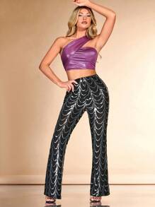 SHEIN BAE 單肩褶邊金屬質感短款上衣 - 紫色 - 查看 5