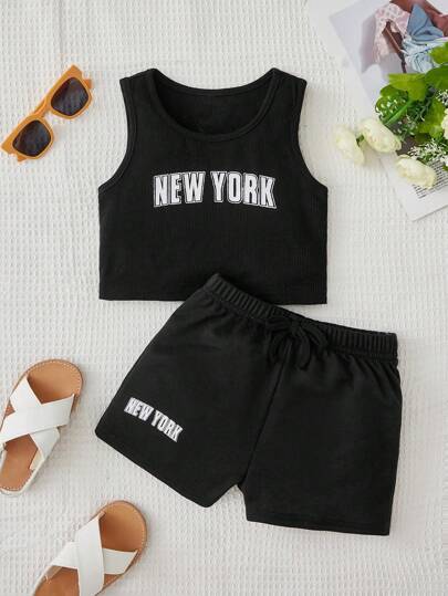SHEIN 小女童字母圖案背心上衣和腰部抽繩短褲