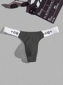 Men Letter Contrast Tape Thong Sexy Underwear - Black - View 1
