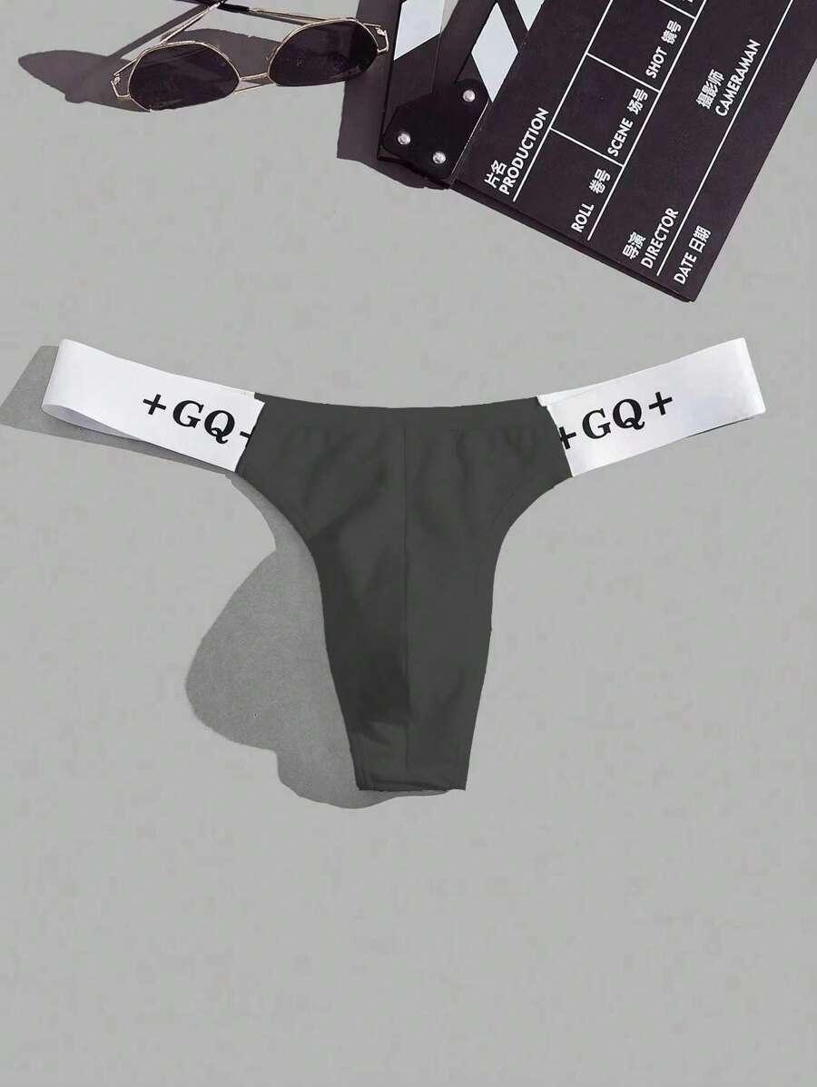 Men Letter Contrast Tape Thong Sexy Underwear - Black - View 1