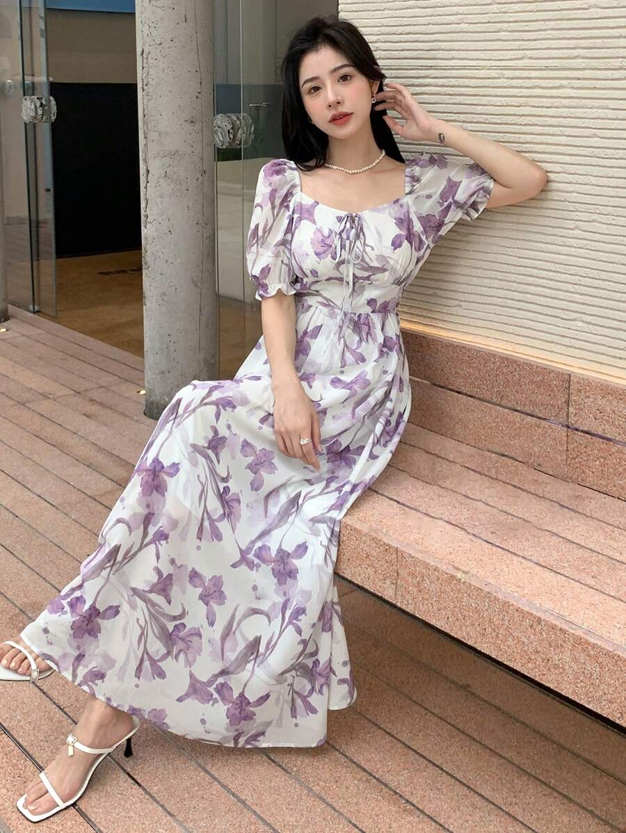 DAZY Đầm Thắt nơ trước Hoa Tất cả trên in Thanh lịch - Nhiều màu - Xem 1