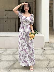 DAZY Đầm Thắt nơ trước Hoa Tất cả trên in Thanh lịch - Nhiều màu - Xem 3