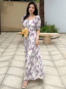 DAZY Đầm Thắt nơ trước Hoa Tất cả trên in Thanh lịch - Nhiều màu - Xem 5