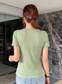 DAZY Solid Lace Trim Ribbed Knit Tee - Green - View 2