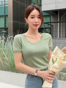 DAZY Solid Lace Trim Ribbed Knit Tee - Green - View 3