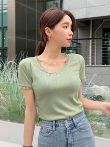 DAZY Solid Lace Trim Ribbed Knit Tee - Green - View 5