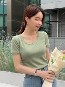 DAZY Solid Lace Trim Ribbed Knit Tee - Green - View 8