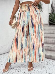 SHEIN Holidaya 大碼筆刷圖案紙袋腰闊腿褲 - 杏色 - 查看 3