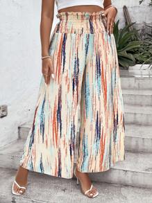 SHEIN Holidaya 大碼筆刷圖案紙袋腰闊腿褲 - 杏色 - 查看 4