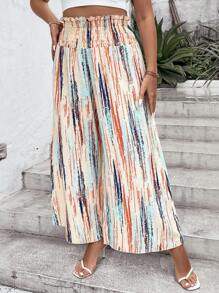 SHEIN Holidaya 大碼筆刷圖案紙袋腰闊腿褲 - 杏色 - 查看 5