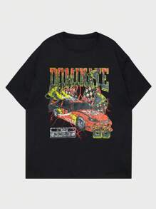 ROMWE MEN Street Life 男士棉汽車和字母圖案T恤 - 黑色 - 查看 1
