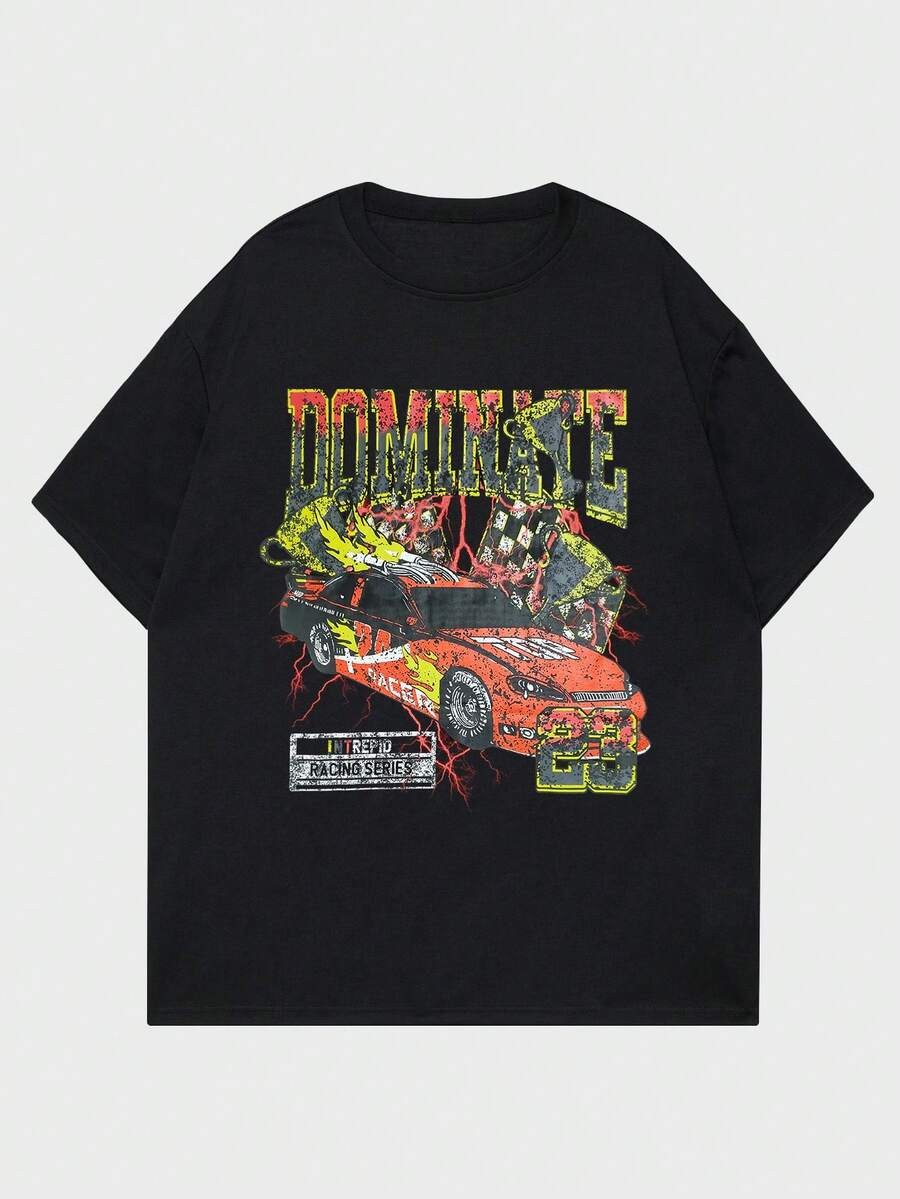 ROMWE MEN Street Life 男士棉汽車和字母圖案T恤 - 黑色 - 查看 1