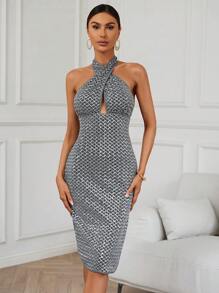 GENKIRA 交叉繞頸露背高衩亮片連衣裙 - 灰色 - 查看 5