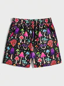 ThisUniqueVibe 男士蘑菇印花抽绳腰短裤，学校 - 彩色 - 查看 1