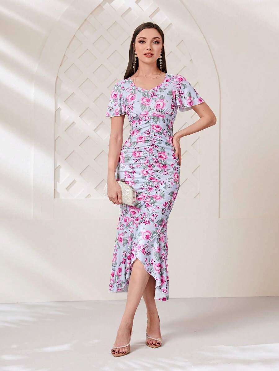 Modelyn Đầm Bất đối xứng Xù Trọn gói Hoa Tất cả trên in Thanh lịch - Nhiều màu - Xem 1