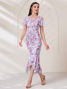 Modelyn Đầm Bất đối xứng Xù Trọn gói Hoa Tất cả trên in Thanh lịch - Nhiều màu - Xem 3