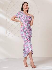 Modelyn Đầm Bất đối xứng Xù Trọn gói Hoa Tất cả trên in Thanh lịch - Nhiều màu - Xem 4