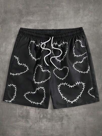 Grunge Punk Guys Heart Print Drawstring Waist Shorts