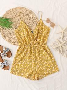 Soleia Wrap Detail Ditsy Floral Print Cami Romper - Yellow - View 1