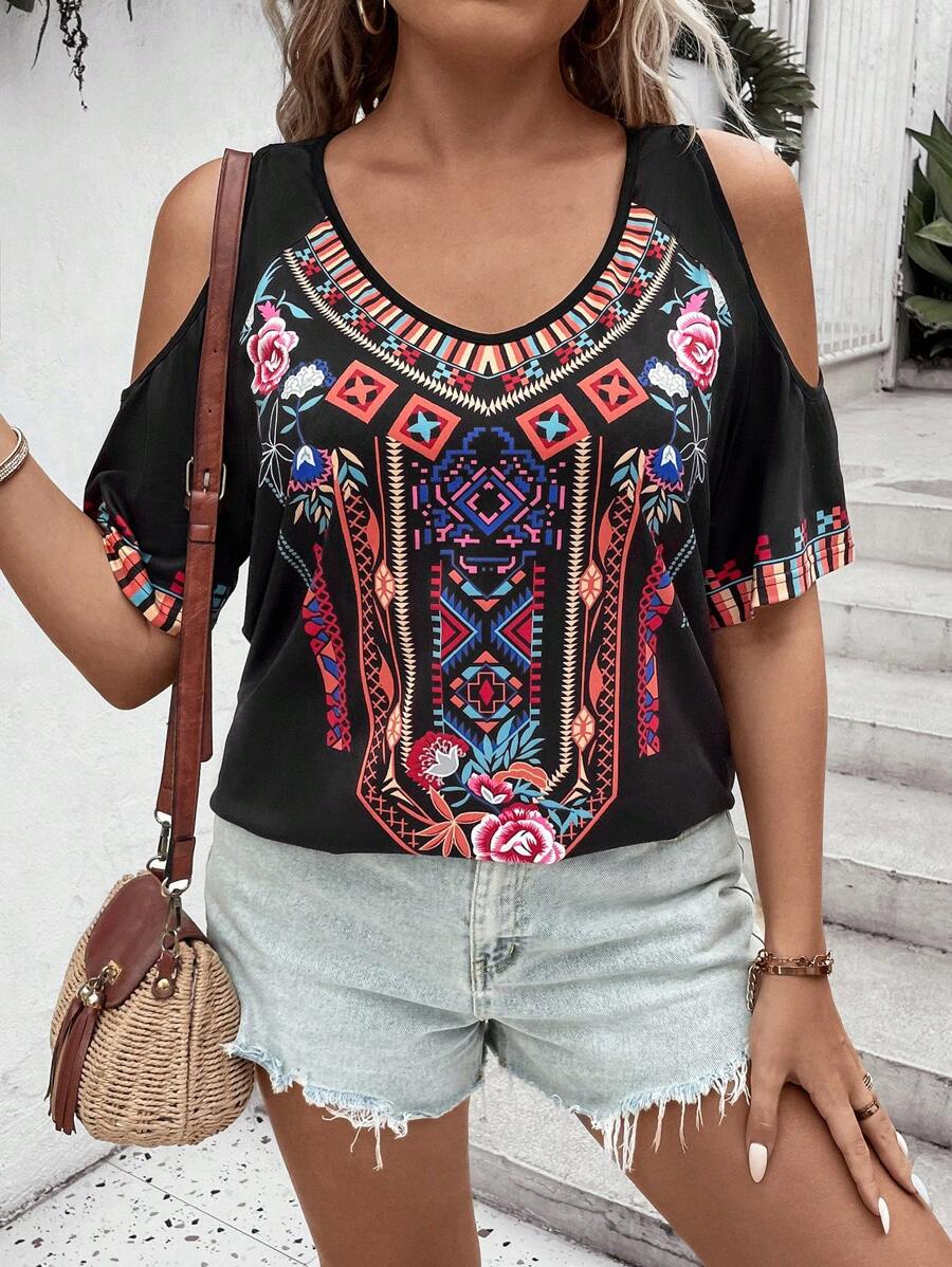 SHEIN Holidaya 大碼幾何印花挖肩T恤 - 黑色 - 查看 1