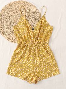 Soleia Wrap Detail Ditsy Floral Print Cami Romper - Yellow - View 3