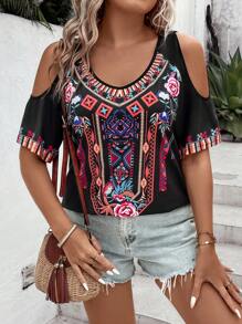 SHEIN Holidaya 大碼幾何印花挖肩T恤 - 黑色 - 查看 3