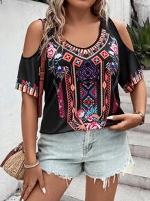 SHEIN Holidaya 大碼幾何印花挖肩T恤 - 黑色 - 查看 5