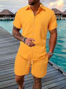 Manfinity RSRT Men Solid Button Up Shirt & Drawstring Waist Shorts Set - Yellow - View 1