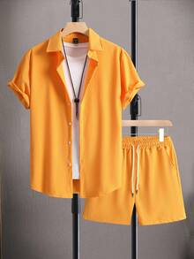 Manfinity RSRT Men Solid Button Up Shirt & Drawstring Waist Shorts Set - Yellow - View 8