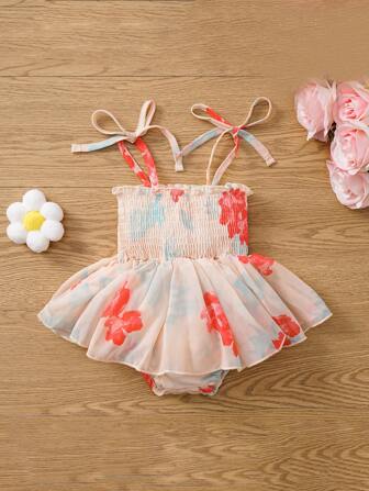 嬰兒印花肩上打結荷葉邊下擺腰拼接連體衣洋裝