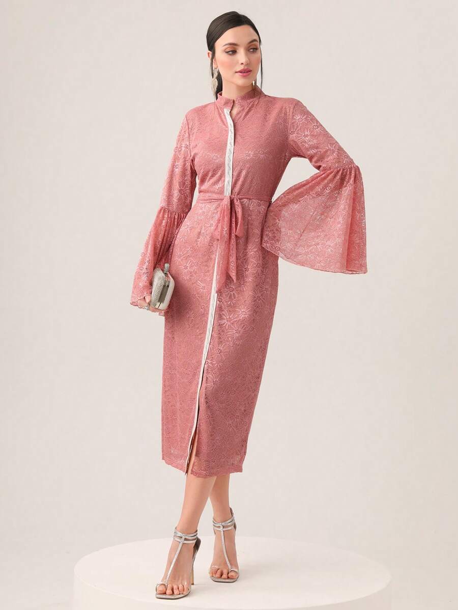 Modelyn Contrast Binding Belted Dress Long Evening Dresses - Pink - View 1