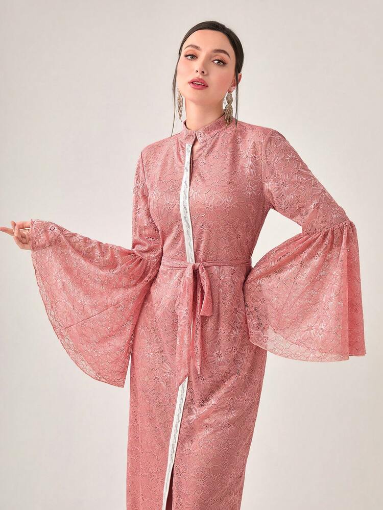 Contrast Binding Belted Dress Long Evening Dresses