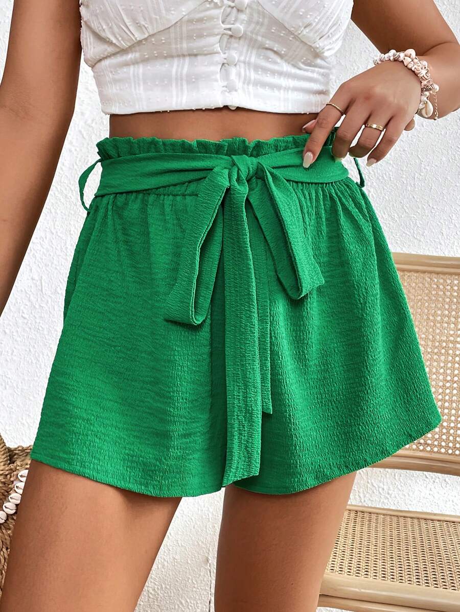 SHEIN VCAY 紙袋腰腰帶闊腿短褲 - 綠色 - 查看 1
