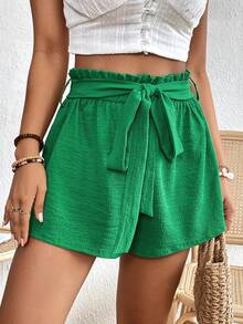 SHEIN VCAY 紙袋腰腰帶闊腿短褲 - 綠色 - 查看 6